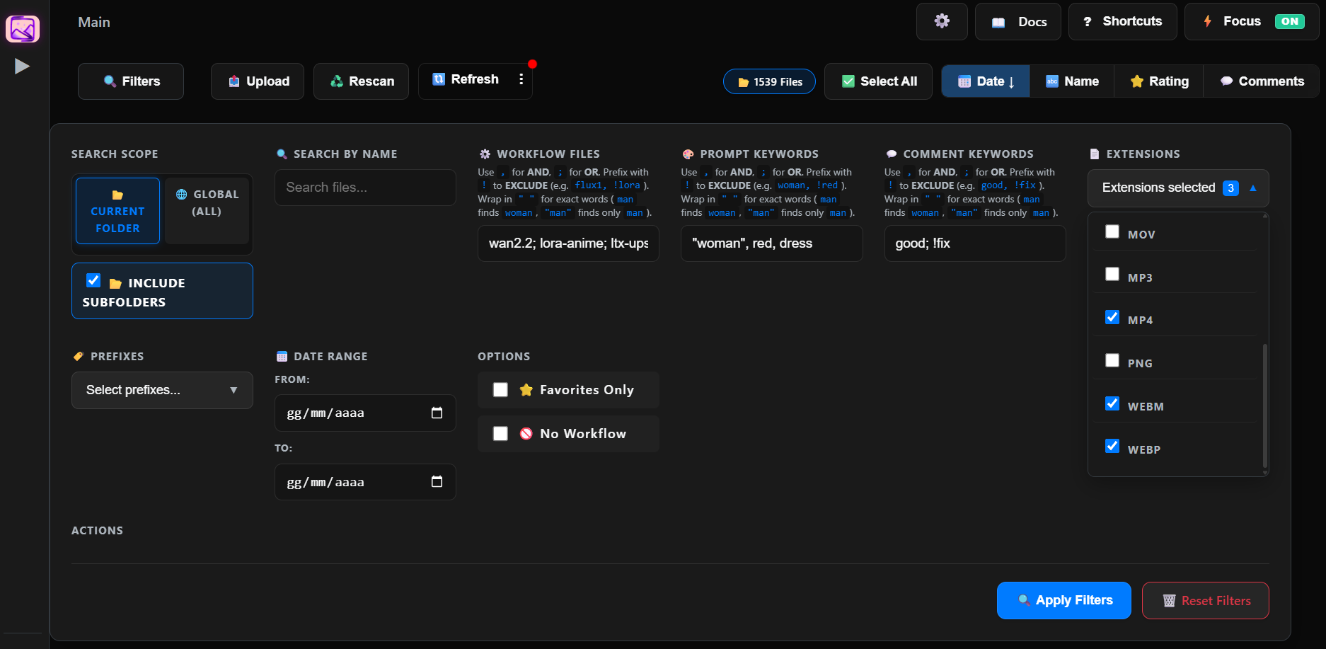 Advanced search panel