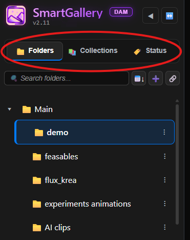 Sidebar with three tabs: Folders, Collections, Status