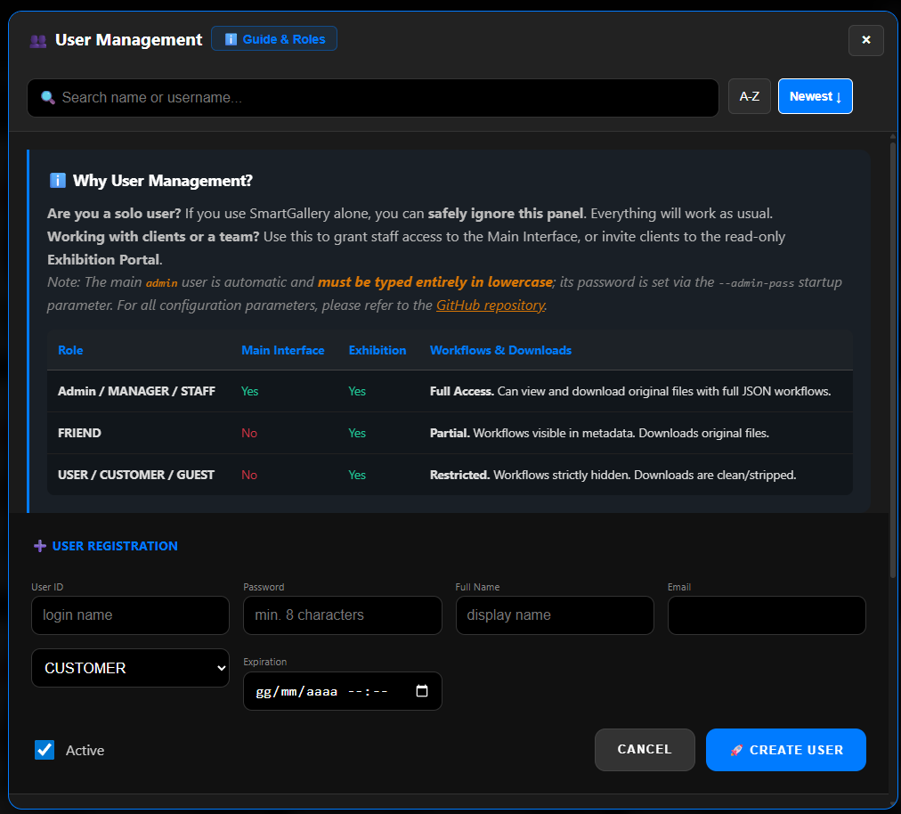 User Management panel